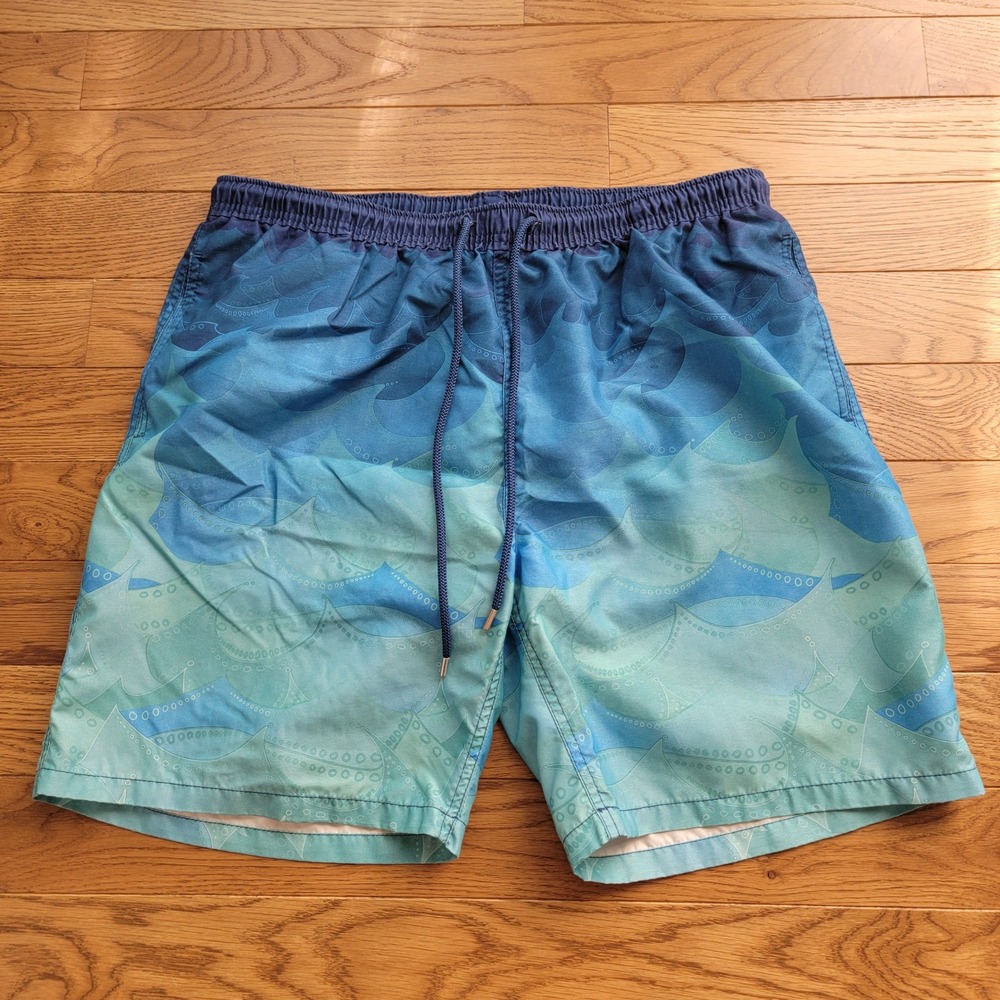Kirkland Signature Mens Blue Teal Wave Ombre Swim Trunks XL Mesh Board Shorts